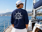 Personalisierter Sweater mit Bootsname | Maritimes Langarm Sweatshirt, Segler Geschenk, Boot Outfit | Steuerrad | Gr. XS bis XXL | weiß blau