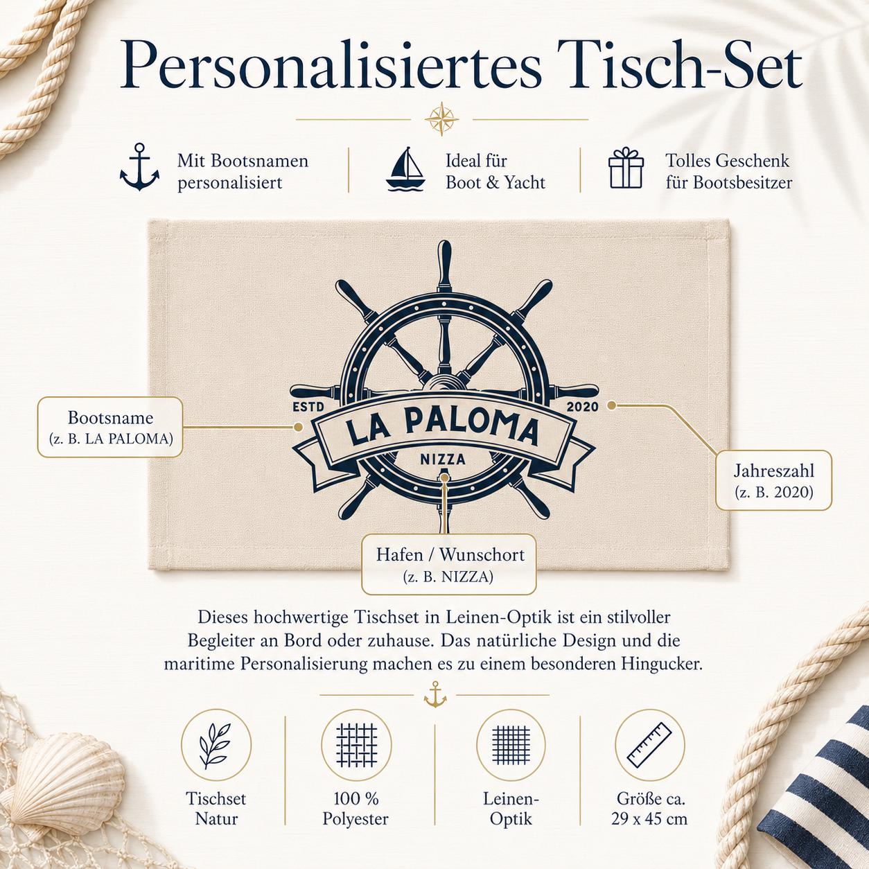 Personalisiertes Tischset im 2er-Set – maritimes Geschenk für Bootsbesitzer mit Bootsname | Steuerrad-Logo Design mit Namen, Jahr, Hafen