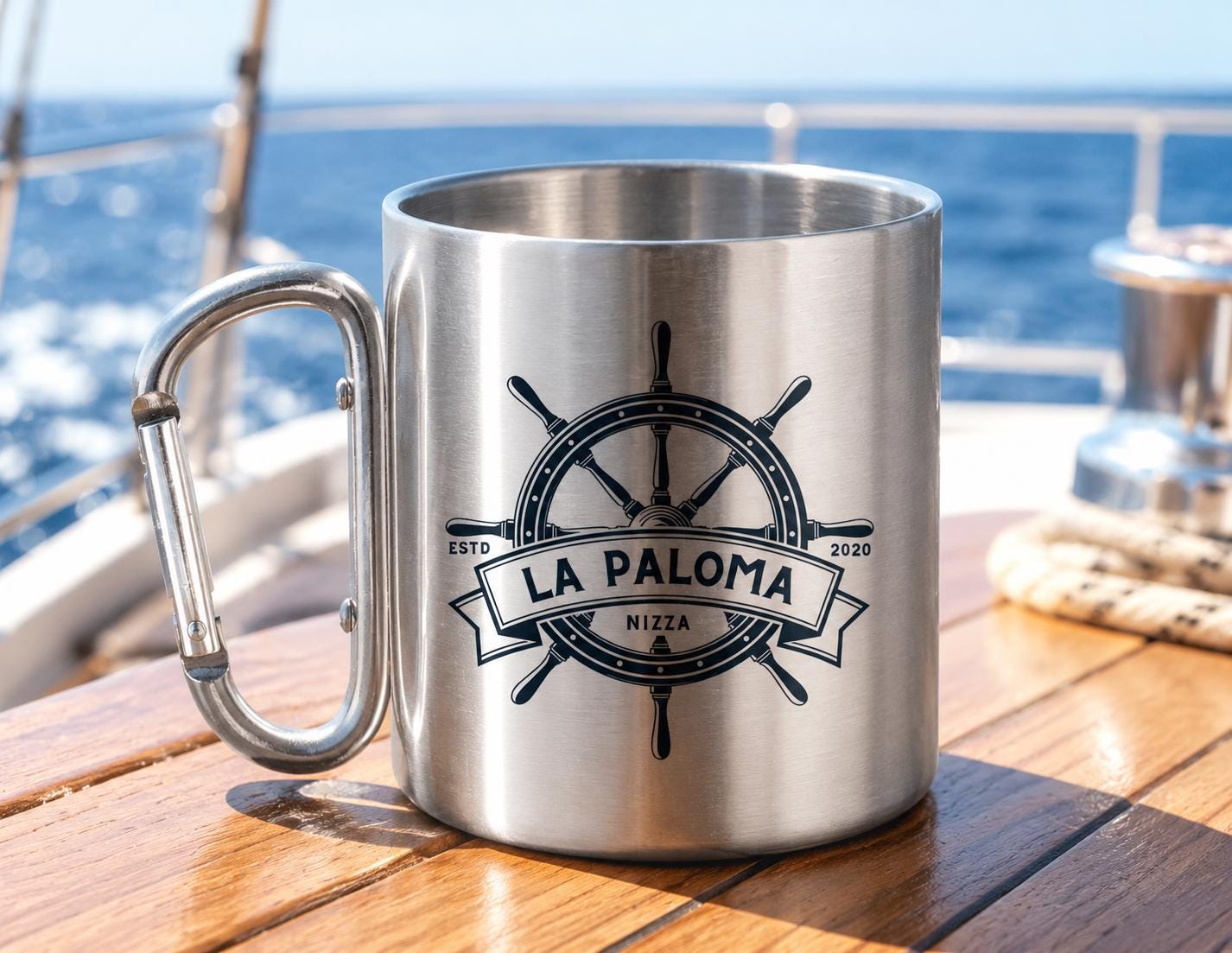 Personalisierte Edelstahltasse mit Karabiner, Bootstasse mit Bootsname, maritime Tasse für Skipper, Geschenk für Bootsbesitzer