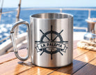Personalisierte Edelstahltasse mit Karabiner, Bootstasse mit Bootsname, maritime Tasse für Skipper, Geschenk für Bootsbesitzer
