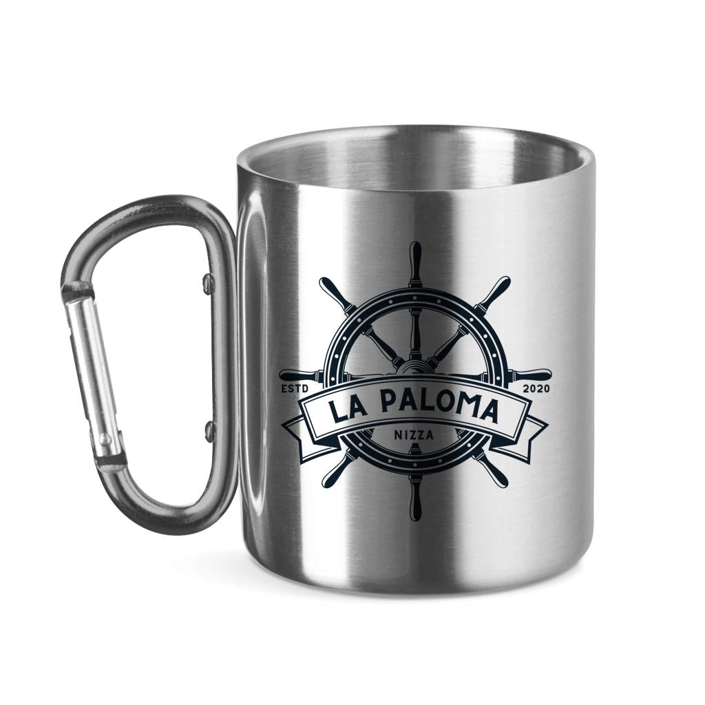 Personalisierte Edelstahltasse mit Karabiner, Bootstasse mit Bootsname, maritime Tasse für Skipper, Geschenk für Bootsbesitzer