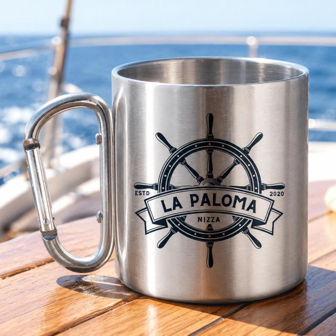 Personalisierte Edelstahltasse mit Karabiner, Bootstasse mit Bootsname, maritime Tasse für Skipper, Geschenk für Bootsbesitzer