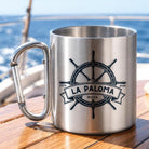 Personalisierte Edelstahltasse mit Karabiner, Bootstasse mit Bootsname, maritime Tasse für Skipper, Geschenk für Bootsbesitzer
