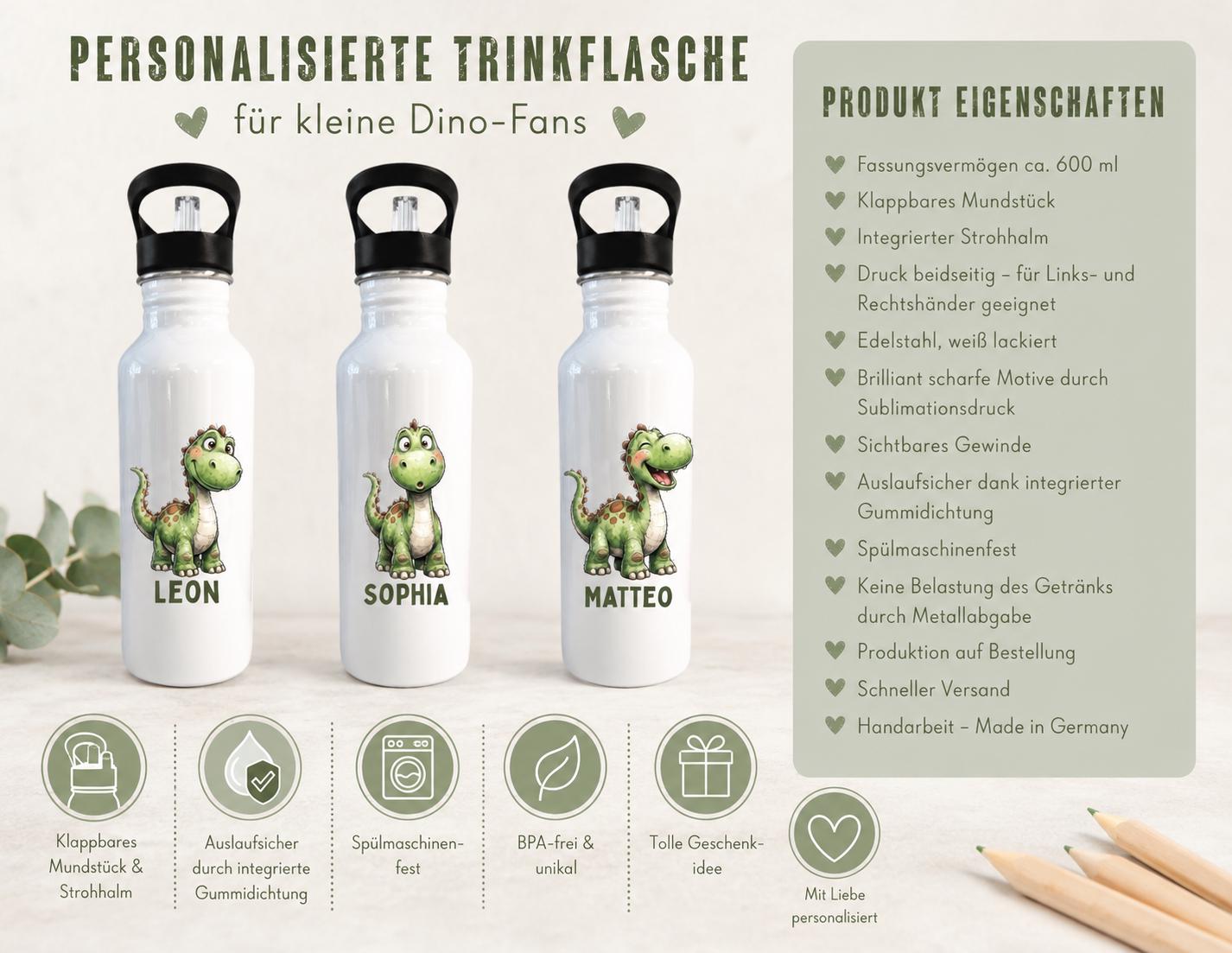 Trinkflasche Dino | personalisierte Edelstahlflasche | Geschenk für Schulanfang, Kita Start