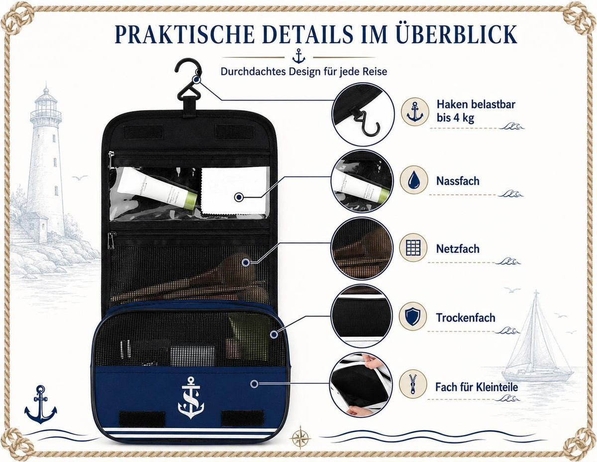 Kulturbeutel "Ahoi" für Boot & Camping | maritime Waschtasche zum Aufhängen | Kulturtasche | Travel Wash Bag | Toiletbag in navy