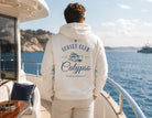Personalisierter Herren Premium Bio Hoodie für Bootsbesitzer – maritimer Rückenprint mit Bootsname, Boot & eigenem Text | in 3 Farben
