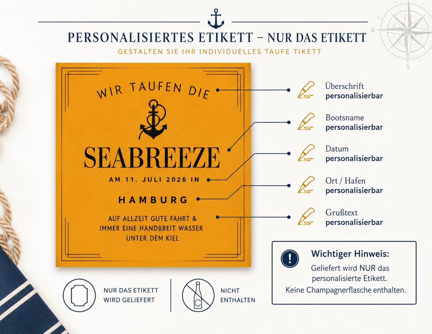Schiffstaufe - Personalisiertes Etikett Champagnerflasche | Boot Taufe | Bootsname, Heimathafen, Datum, Grußtext anpassbar für Bootstaufe