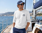 Personalisierter Sweater mit Bootsname | Maritimes Langarm Sweatshirt, Segler Geschenk, Boot Outfit | Steuerrad | Gr. XS bis XXL | weiß blau