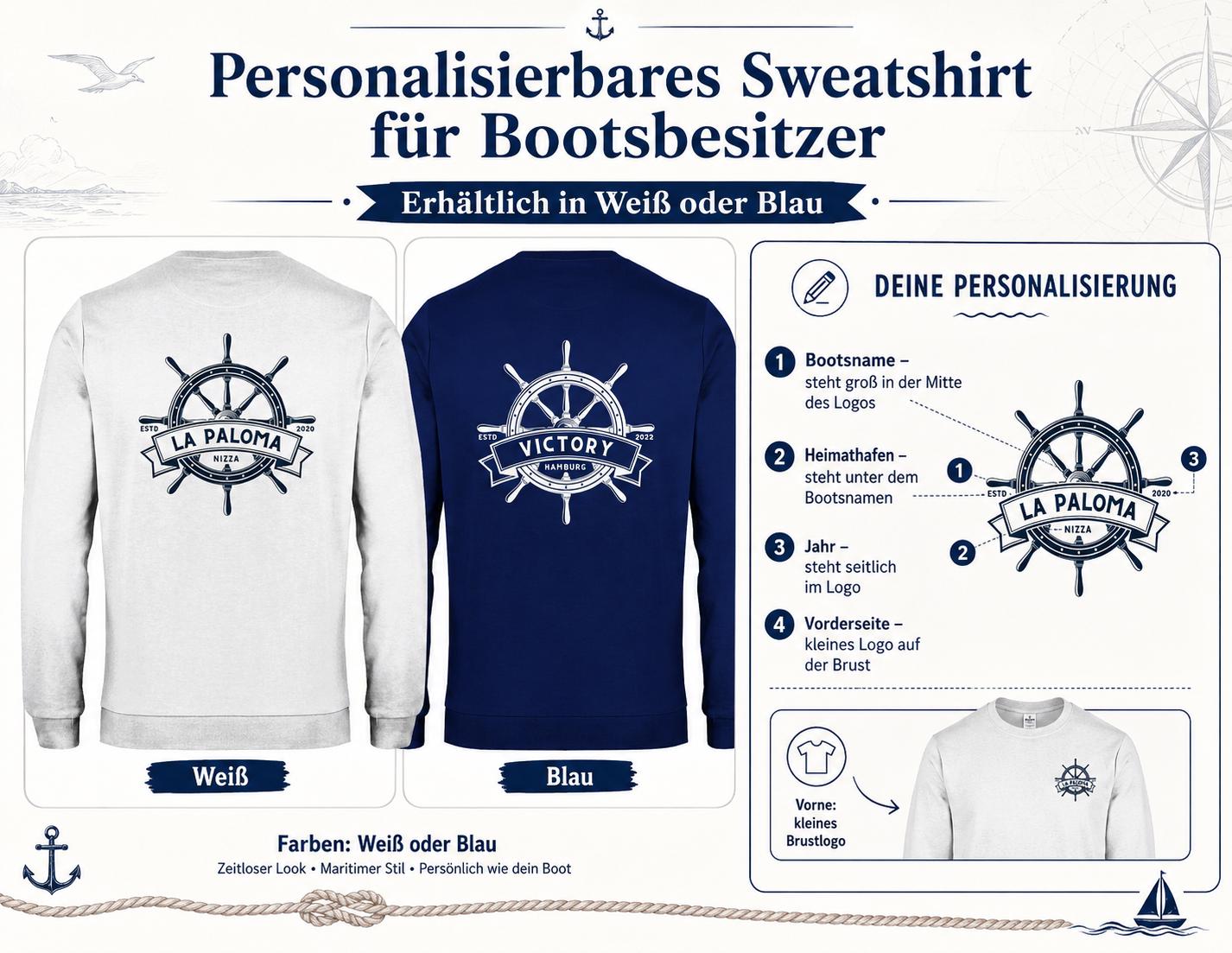 Personalisierter Sweater mit Bootsname | Maritimes Langarm Sweatshirt, Segler Geschenk, Boot Outfit | Steuerrad | Gr. XS bis XXL | weiß blau