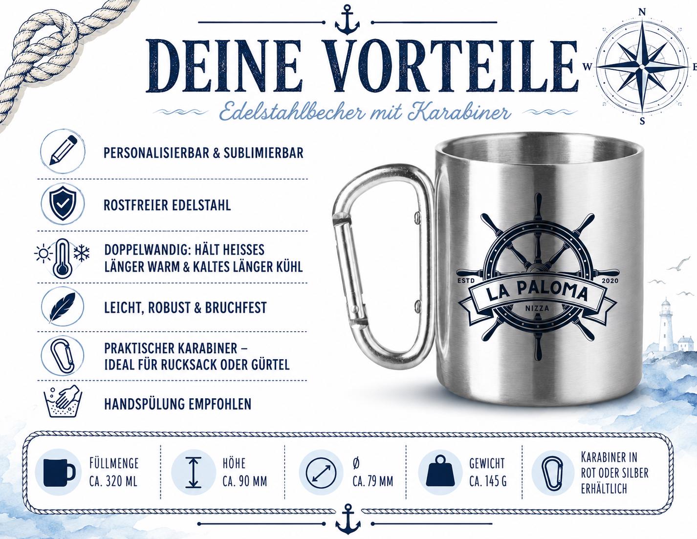 Personalisierte Edelstahltasse mit Karabiner, Bootstasse mit Bootsname, maritime Tasse für Skipper, Geschenk für Bootsbesitzer