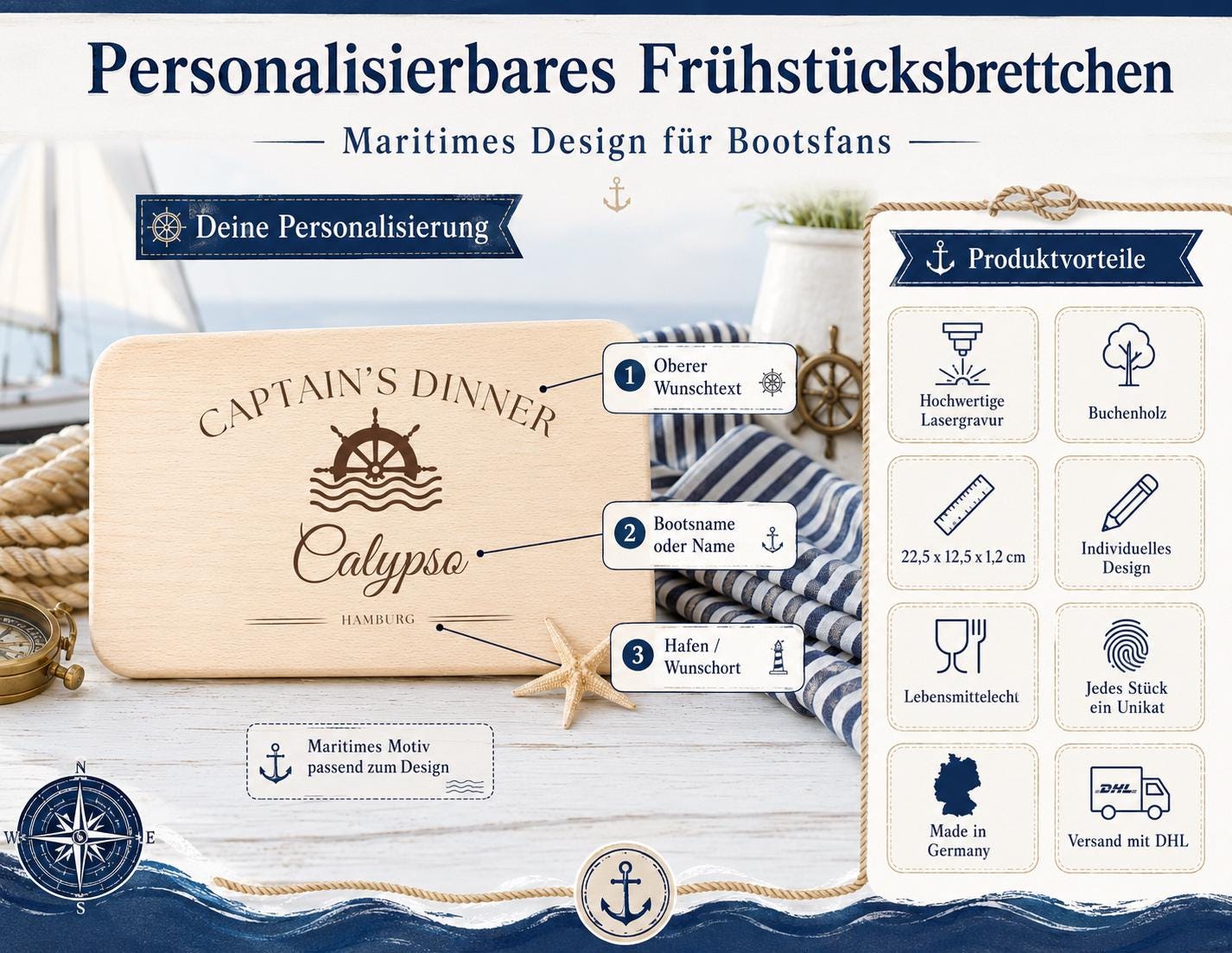Personalisiertes Frühstücksbrettchen Boot | Maritime Lasergravur mit Bootsname und Hafen | Geschenk für Skipper, Segler und Bootseigner