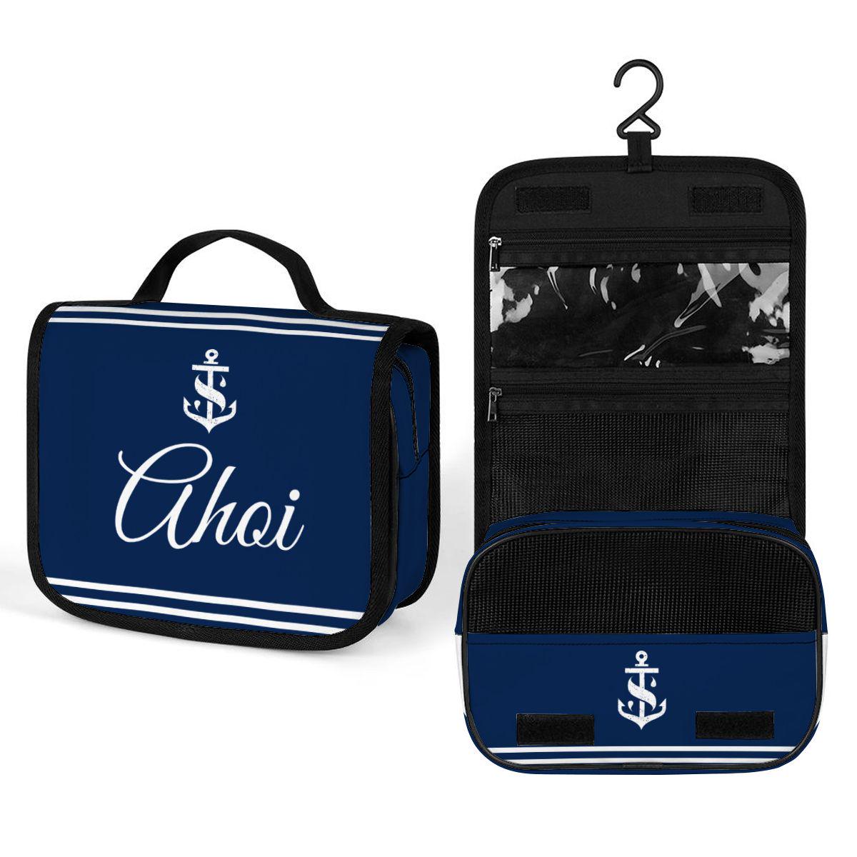 Kulturbeutel "Ahoi" für Boot & Camping | maritime Waschtasche zum Aufhängen | Kulturtasche | Travel Wash Bag | Toiletbag in navy