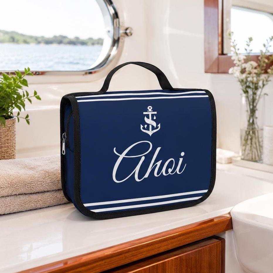 Kulturbeutel "Ahoi" für Boot & Camping | maritime Waschtasche zum Aufhängen | Kulturtasche | Travel Wash Bag | Toiletbag in navy