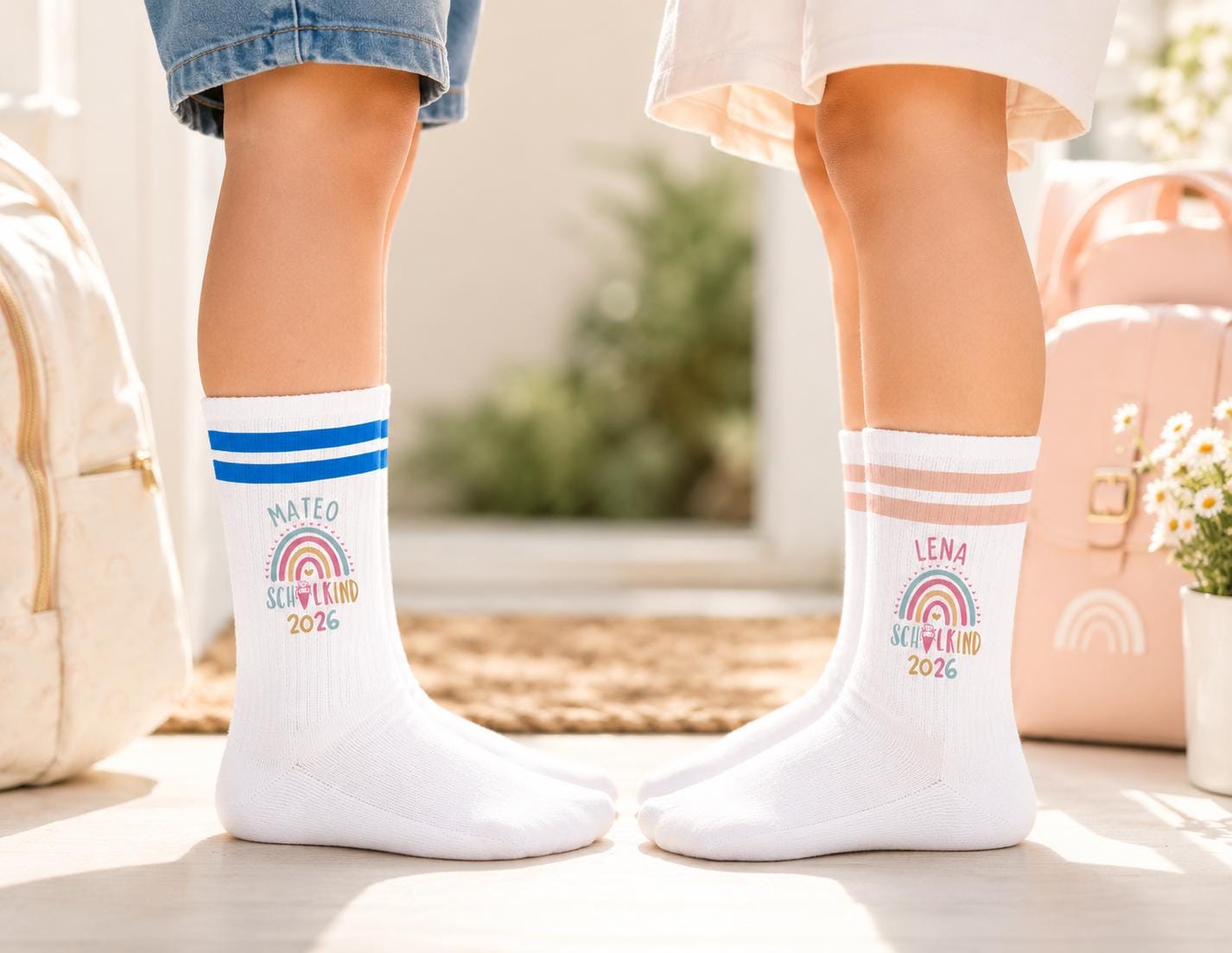 Personalisierbare Schulkind 2026 Socken mit Streifen, Einschulung Geschenk Mädchen Junge, bunte Socken, Geschenk Einschulung, Bio-Baumwolle