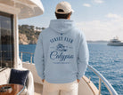 Personalisierter Herren Premium Bio Hoodie für Bootsbesitzer – maritimer Rückenprint mit Bootsname, Boot & eigenem Text | in 3 Farben