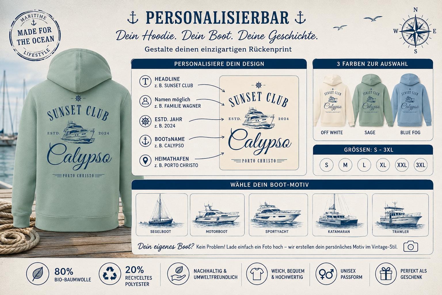 Personalisierter Herren Premium Bio Hoodie für Bootsbesitzer – maritimer Rückenprint mit Bootsname, Boot & eigenem Text | in 3 Farben
