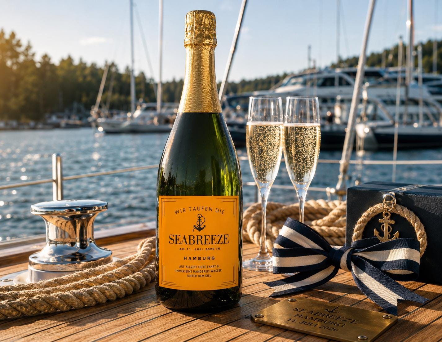 Schiffstaufe - Personalisiertes Etikett Champagnerflasche | Boot Taufe | Bootsname, Heimathafen, Datum, Grußtext anpassbar für Bootstaufe