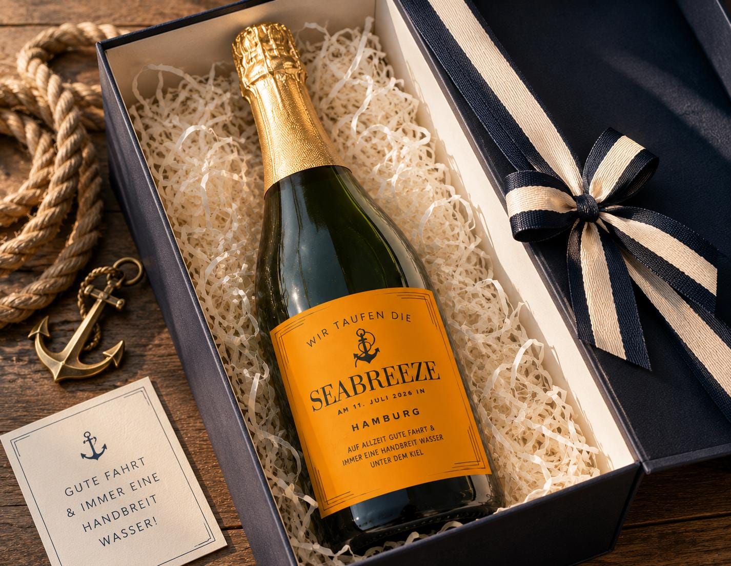 Schiffstaufe - Personalisiertes Etikett Champagnerflasche | Boot Taufe | Bootsname, Heimathafen, Datum, Grußtext anpassbar für Bootstaufe