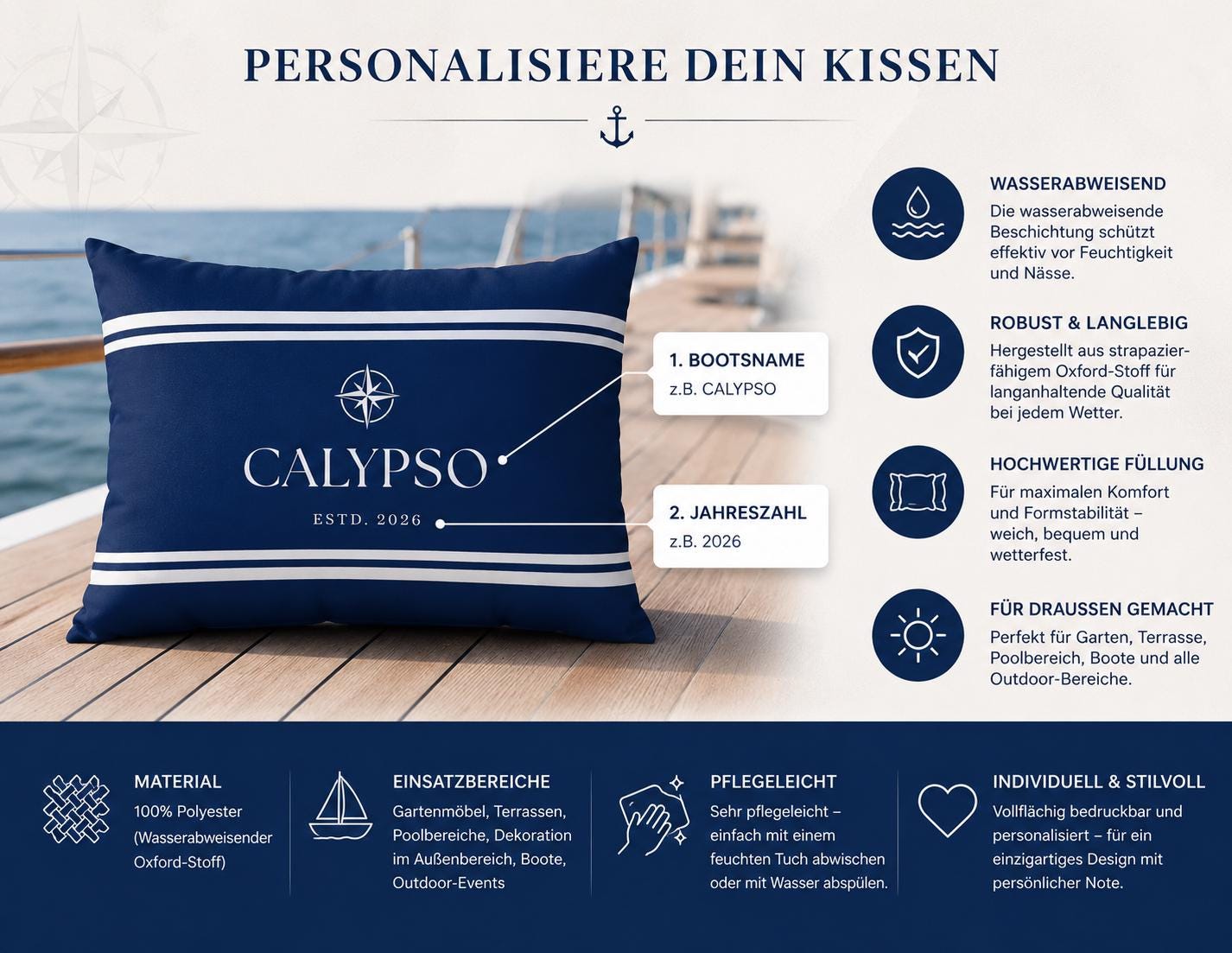 Wasserabweisendes Kissen | personalisiert für Dein Boot | Name, Hafen | Rechteckig 50 × 35 cm | mit Füllung