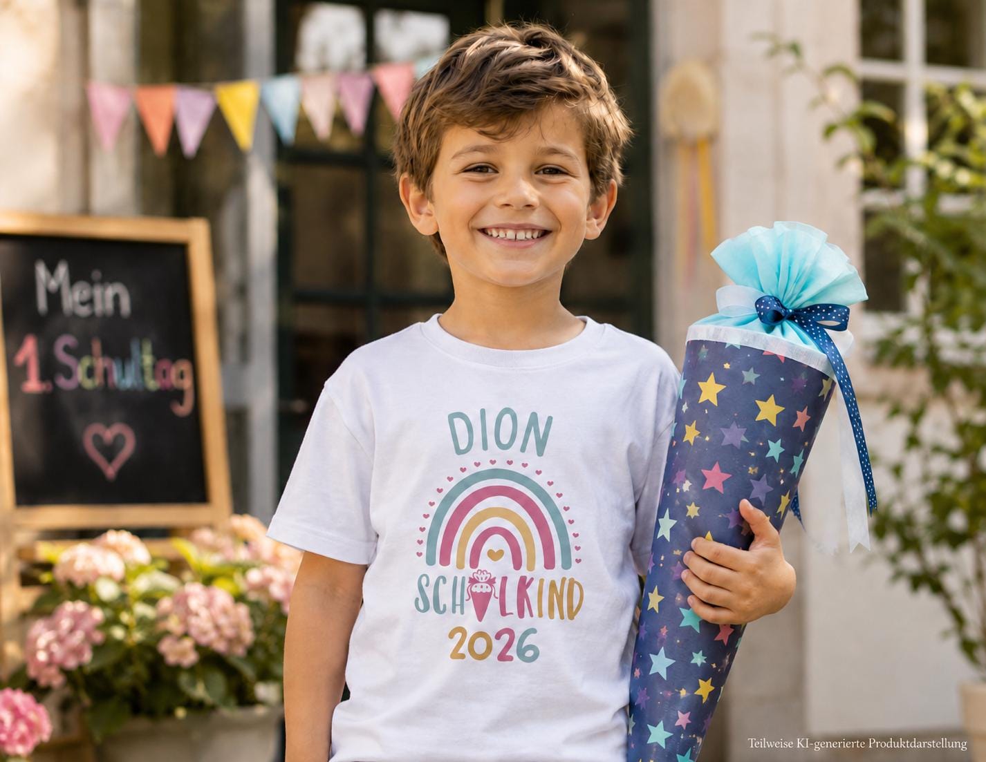 Personalisiertes Schulkind T-Shirt 2026 mit Name – Einschulungs-Shirt mit Regenbogen & Schultüte