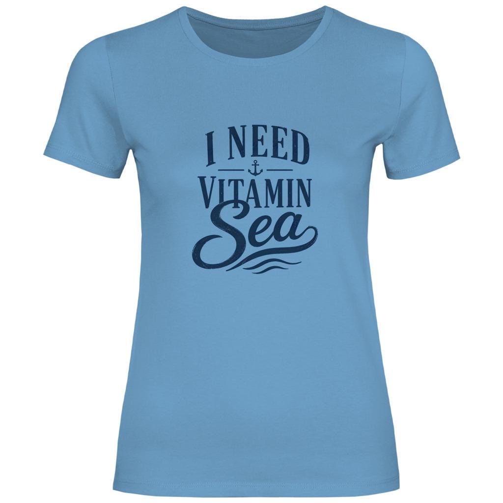 Damen T-Shirt "I Need Vitamin Sea" – maritimes Shirt für Strand, Urlaub & Meerliebhaber | weiß, natur, rosa, hellblau