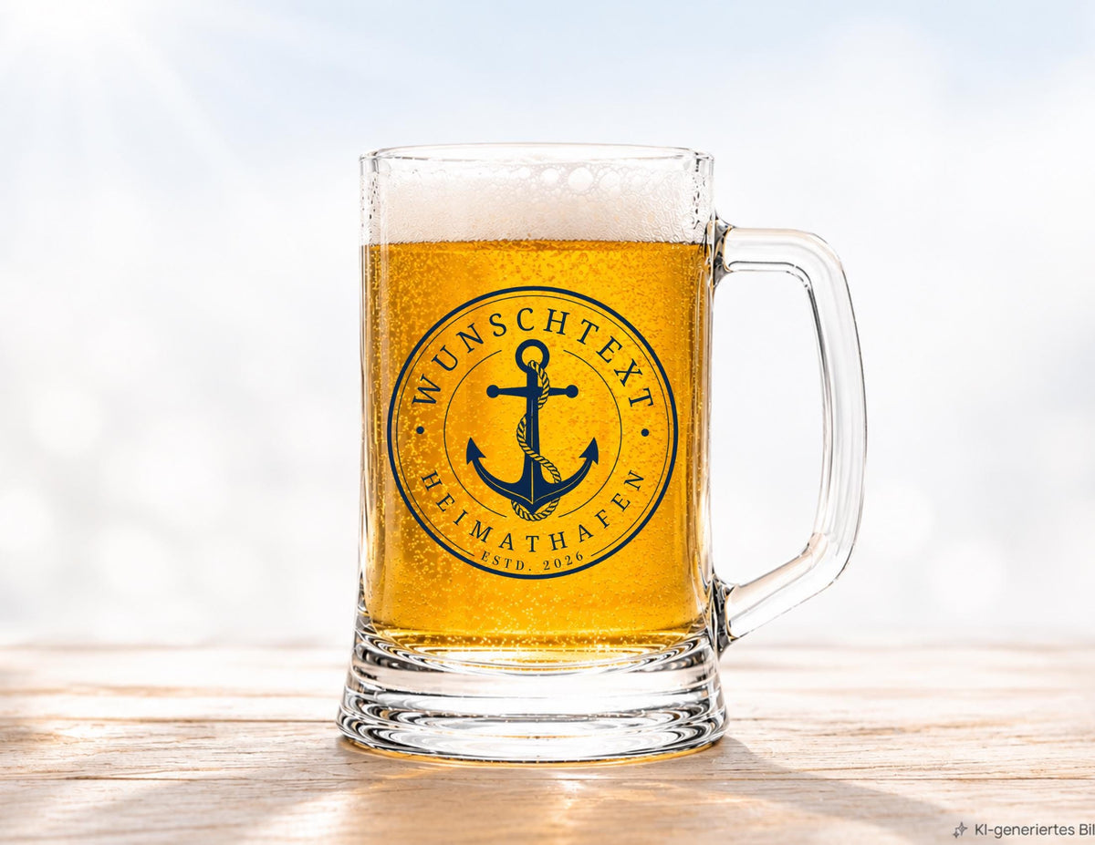Personalisierter Bierkrug mit Anker – maritimes Geschenk mit Wunschtext, Heimathafen und Jahr – Bierglas 0,5 l