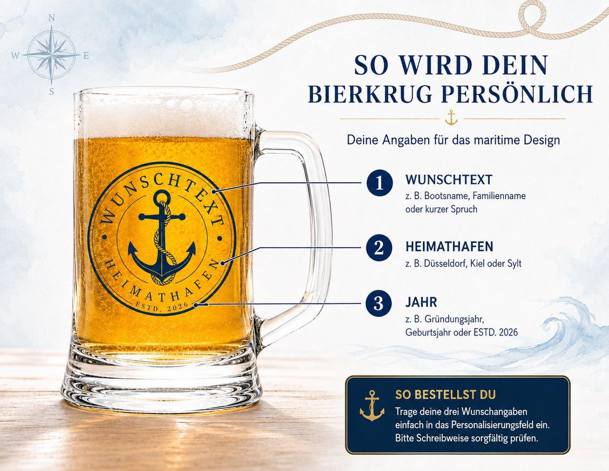 Personalisierter Bierkrug mit Anker – maritimes Geschenk mit Wunschtext, Heimathafen und Jahr – Bierglas 0,5 l