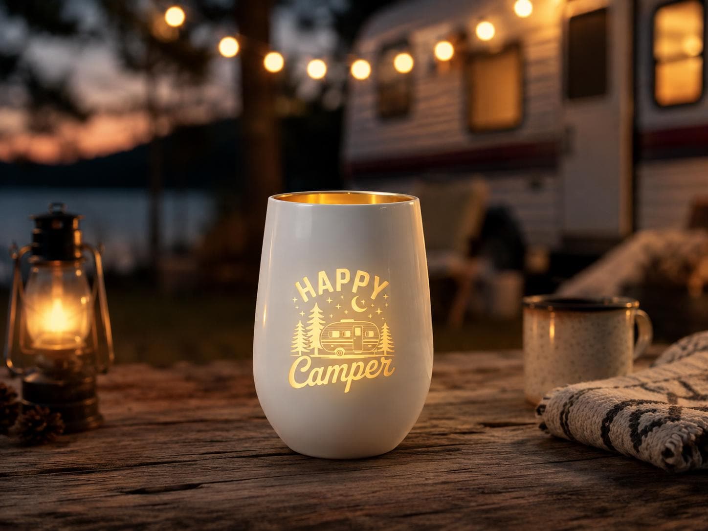 Windlicht Camper Happy Camper | Camping Deko mit Gold | Geschenk für Camper & Wohnwagen Fans | Gemütliche Camping Tischdeko