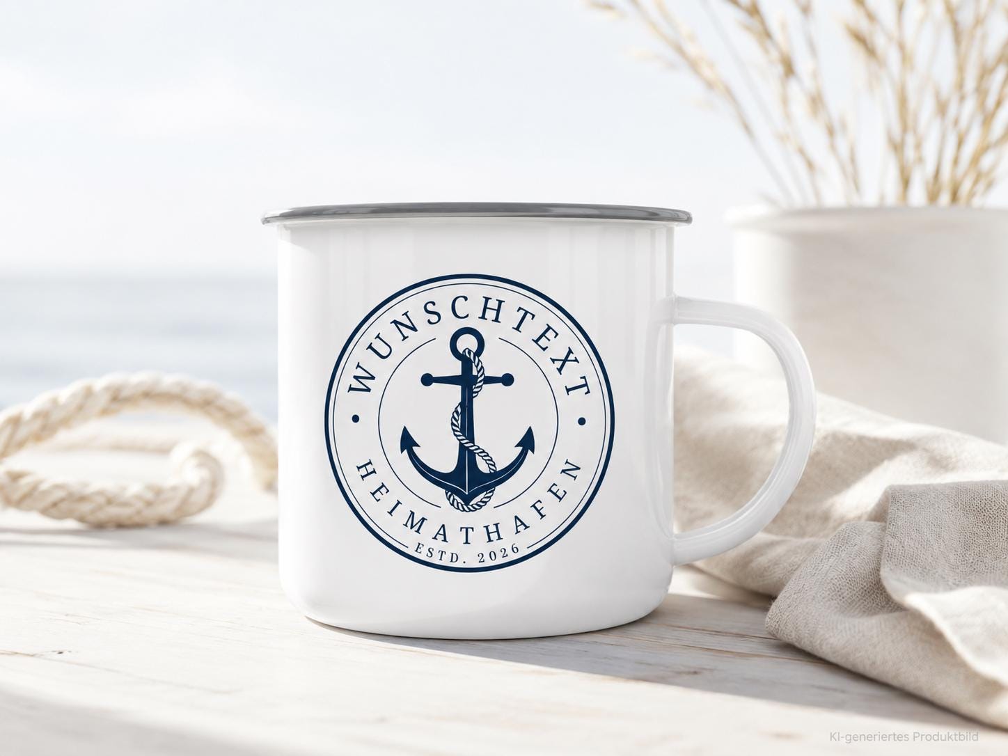 Personalisierte Emaille Tasse mit Anker | Heimathafen & Wunschtext | Geschenk für Segler, Skipper, Bootsbesitzer