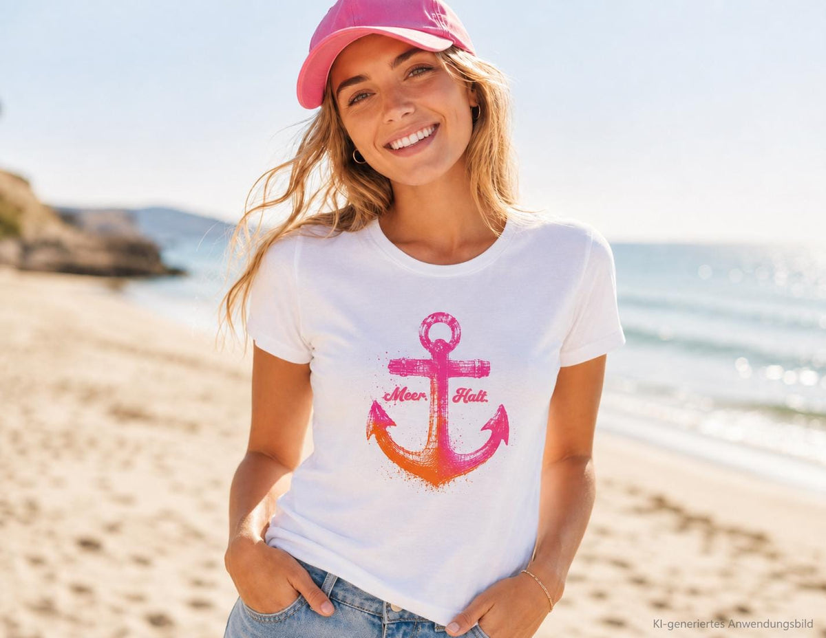Maritimes Damen T-Shirt „Meer. Halt.“ | Anker Print in Pink & Orange | in weiß, rosa oder navy