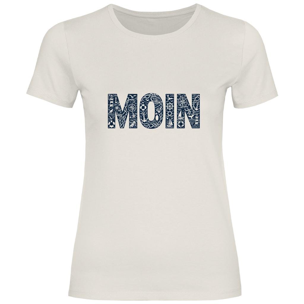 Damen T-Shirt „MOIN“ – Maritimes Shirt für Nordsee- & Küstenfans | weiß, rosa, natur, hellblau