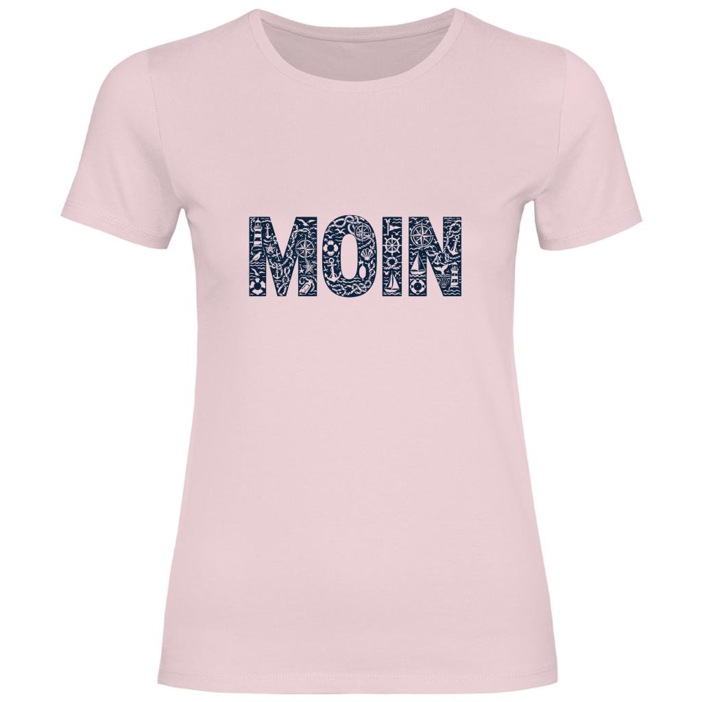 Damen T-Shirt „MOIN“ – Maritimes Shirt für Nordsee- & Küstenfans | weiß, rosa, natur, hellblau