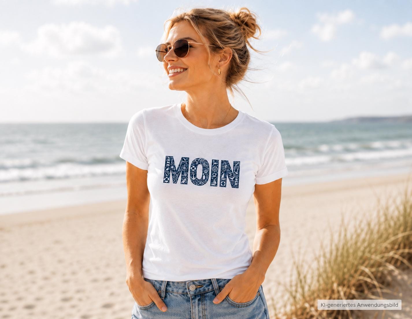 Damen T-Shirt "MOIN" – Maritimes Shirt für Nordsee- & Küstenfans | weiß, rosa, natur, hellblau