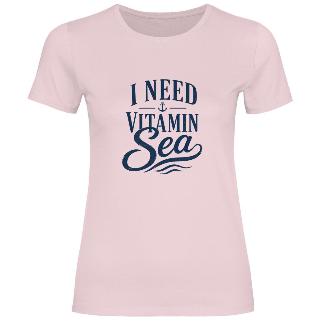 Damen T-Shirt "I Need Vitamin Sea" – maritimes Shirt für Strand, Urlaub & Meerliebhaber | weiß, natur, rosa, hellblau