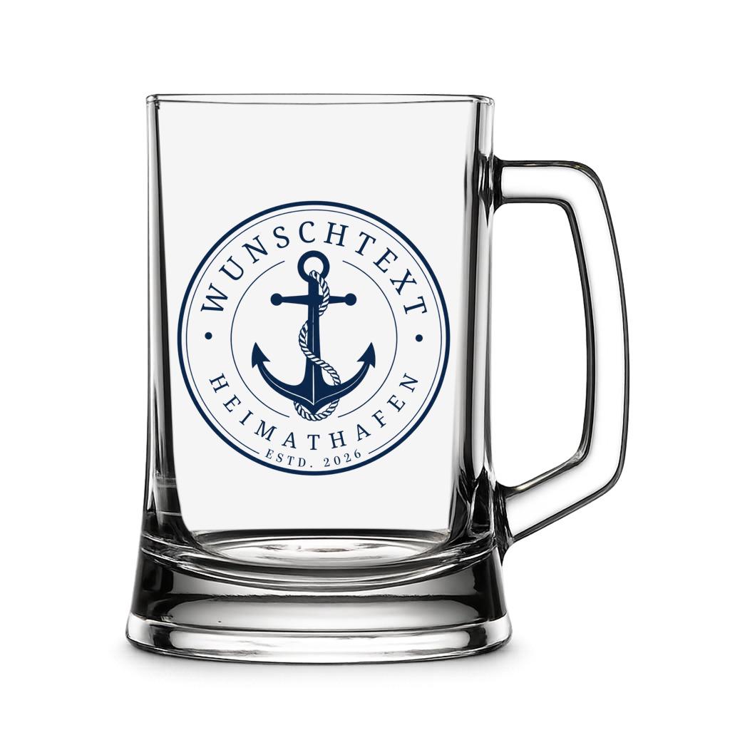 Personalisierter Bierkrug mit Anker – maritimes Geschenk mit Wunschtext, Heimathafen und Jahr – Bierglas 0,5 l