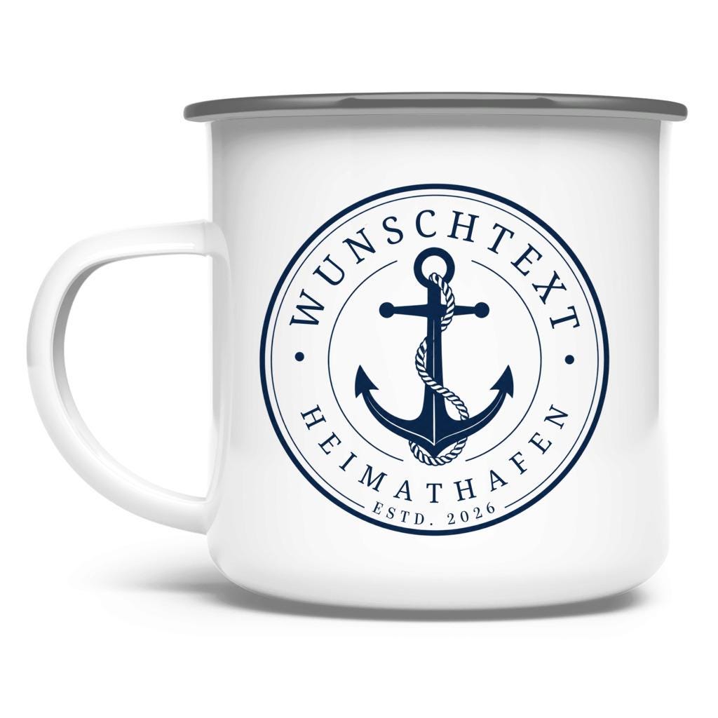 Personalisierte Emaille Tasse mit Anker | Heimathafen & Wunschtext | Geschenk für Segler, Skipper, Bootsbesitzer