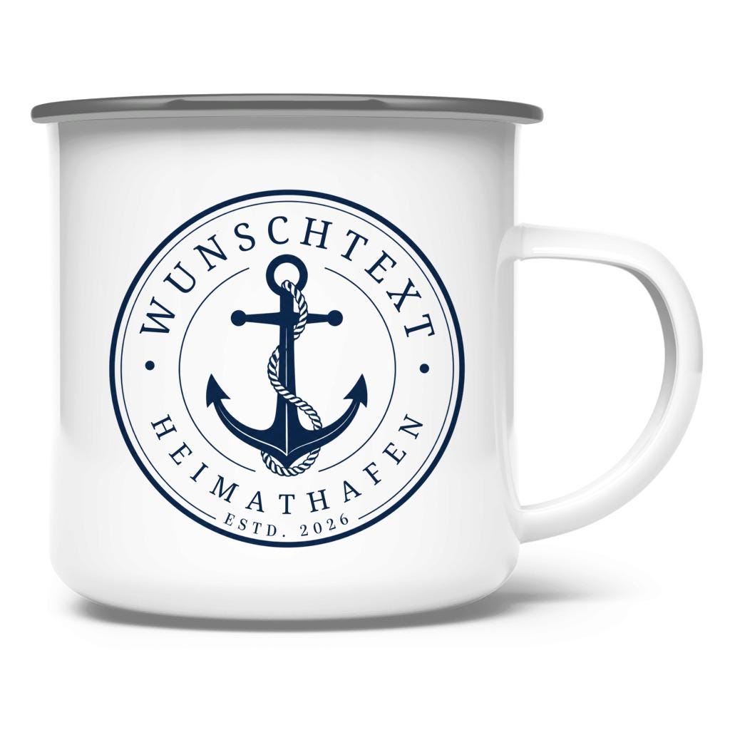 Personalisierte Emaille Tasse mit Anker | Heimathafen & Wunschtext | Geschenk für Segler, Skipper, Bootsbesitzer
