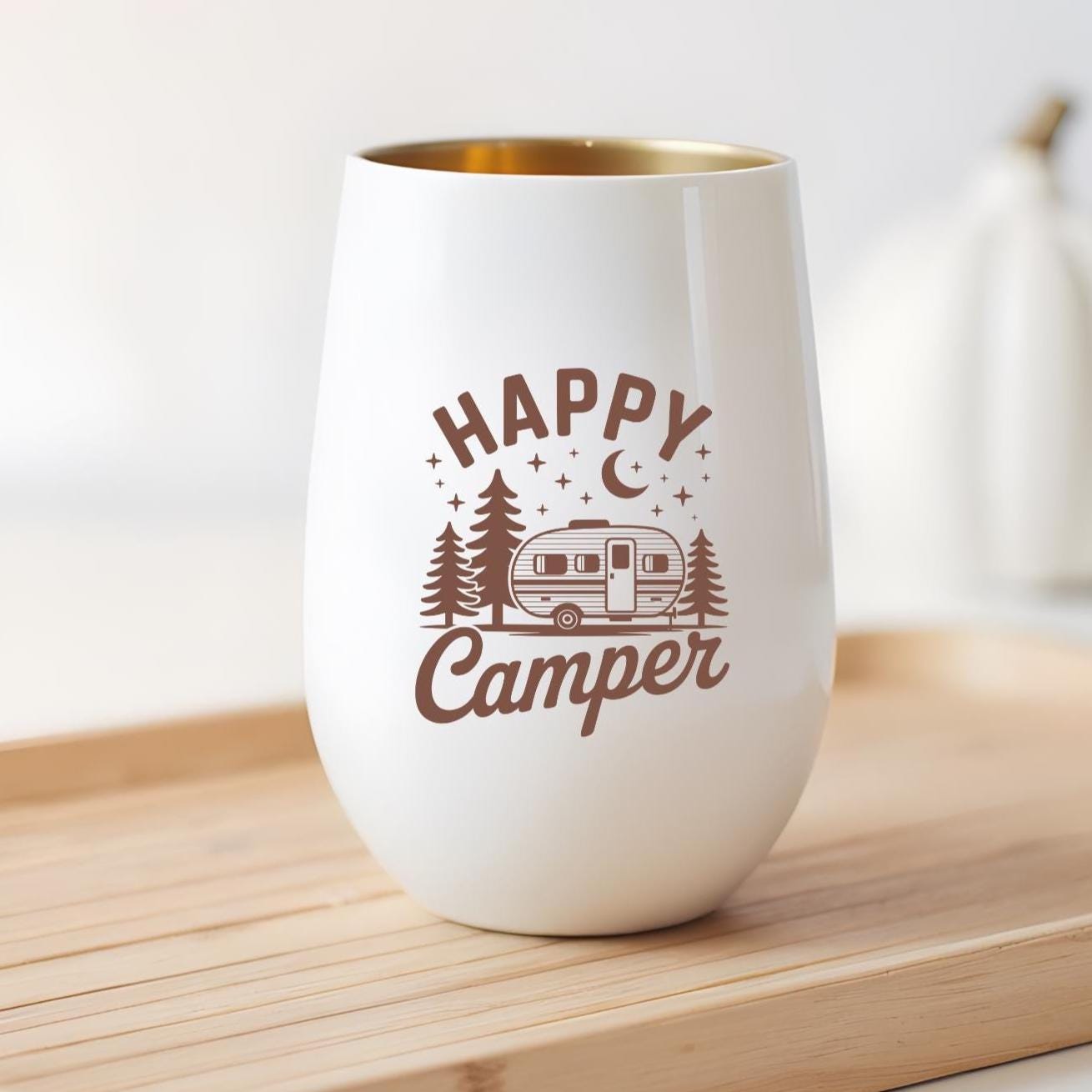 Windlicht Camper Happy Camper | Camping Deko mit Gold | Geschenk für Camper & Wohnwagen Fans | Gemütliche Camping Tischdeko