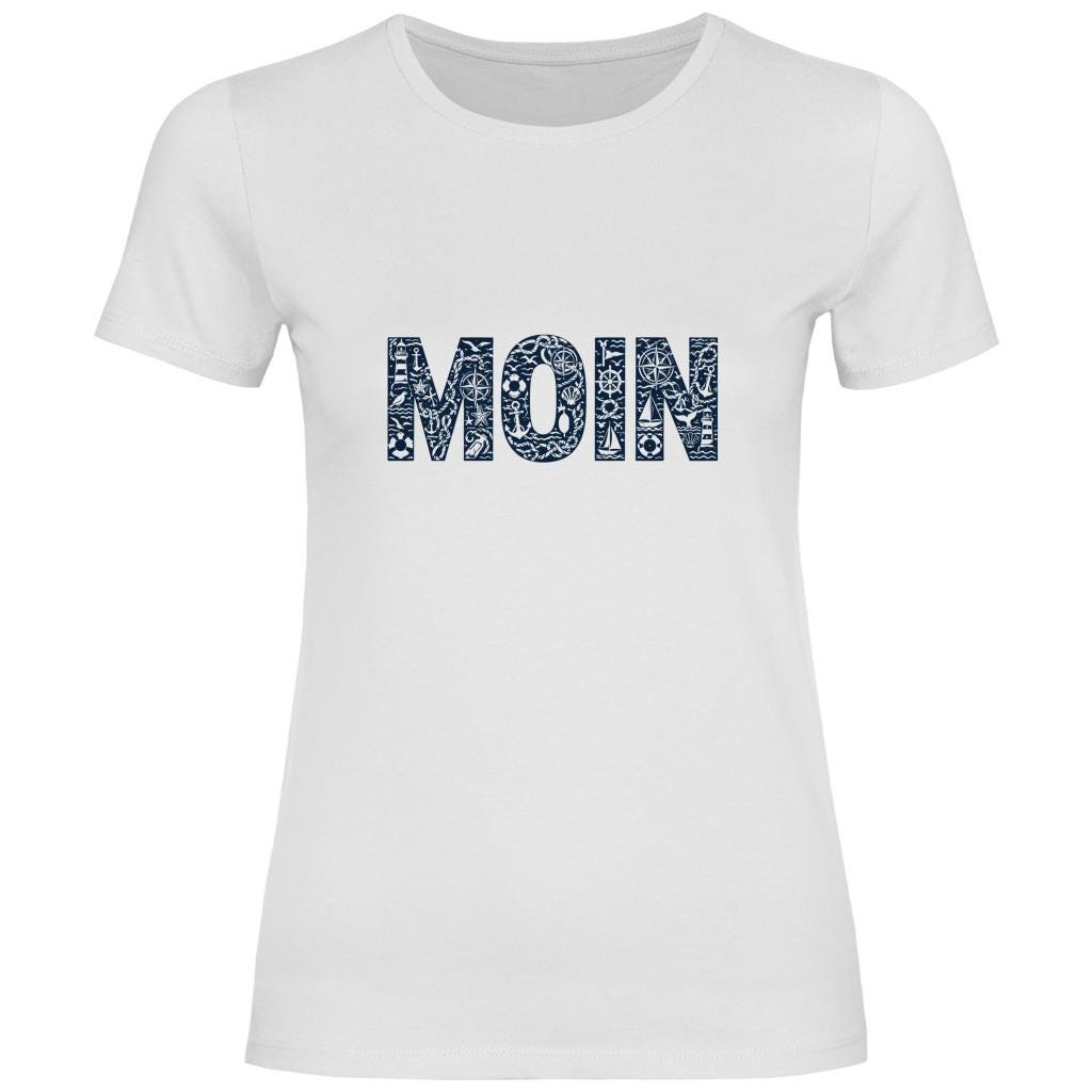 Damen T-Shirt „MOIN“ – Maritimes Shirt für Nordsee- & Küstenfans | weiß, rosa, natur, hellblau