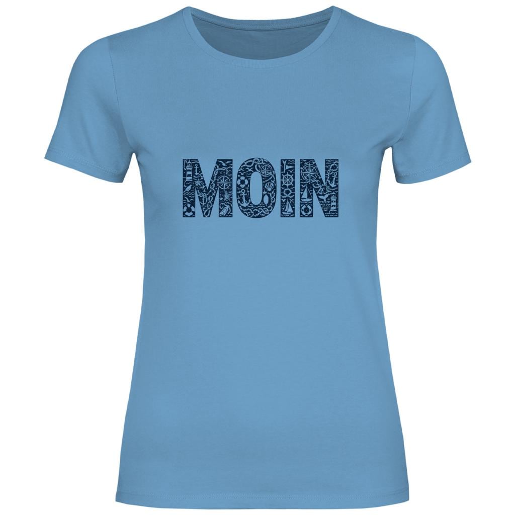 Damen T-Shirt „MOIN“ – Maritimes Shirt für Nordsee- & Küstenfans | weiß, rosa, natur, hellblau