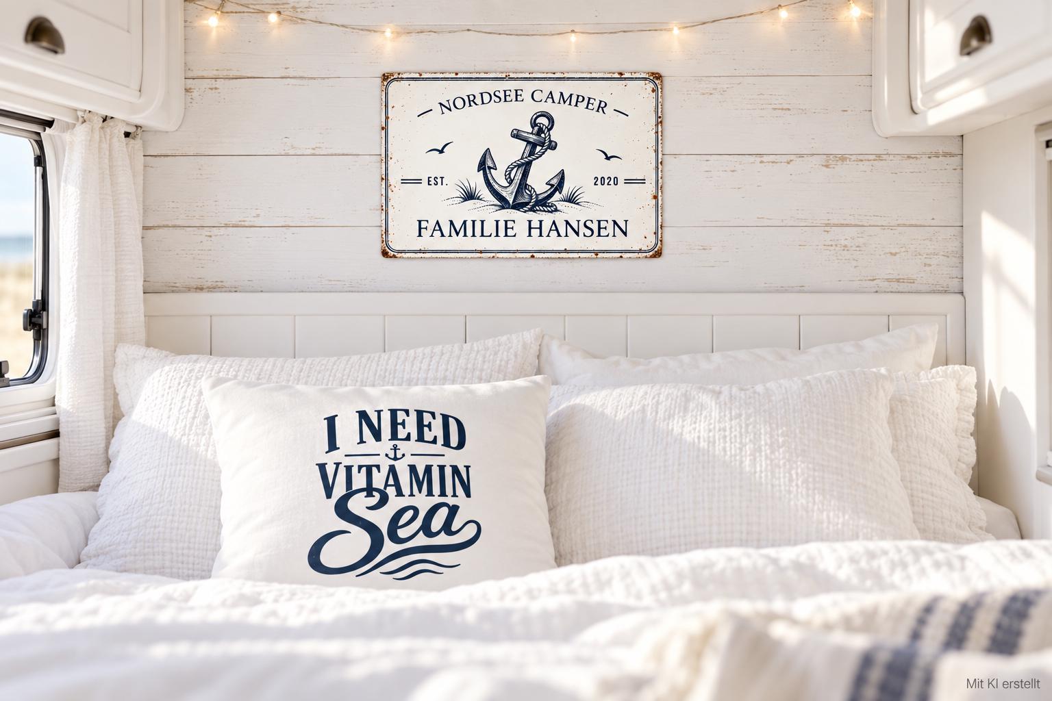 Personalisiertes Camper Blechschild | Wohnmobil Deko mit Namen | maritimes Vintage Metallschild | Wunschtext | Geschenk Camper | 30 × 20 cm