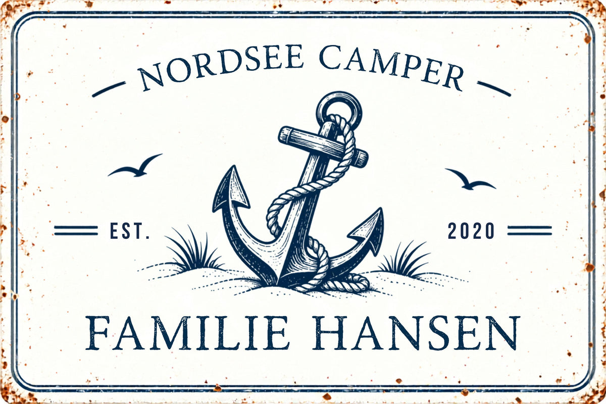 Personalisiertes Camper Blechschild | Wohnmobil Deko mit Namen | maritimes Vintage Metallschild | Wunschtext | Geschenk Camper | 30 × 20 cm
