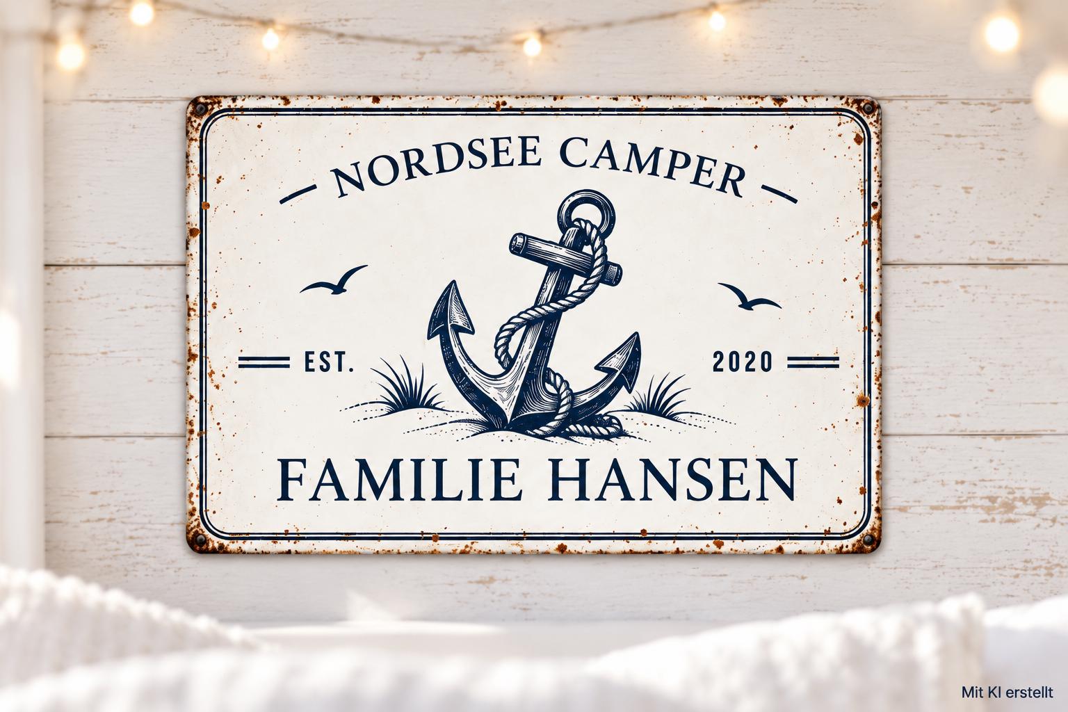 Personalisiertes Camper Blechschild | Wohnmobil Deko mit Namen | maritimes Vintage Metallschild | Wunschtext | Geschenk Camper | 30 × 20 cm