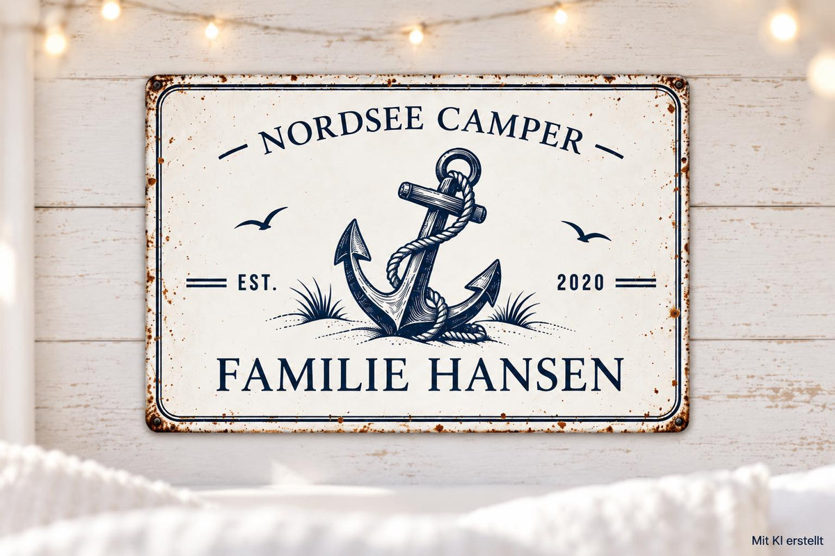 Personalisiertes Camper Blechschild | Wohnmobil Deko mit Namen | maritimes Vintage Metallschild | Wunschtext | Geschenk Camper | 30 × 20 cm