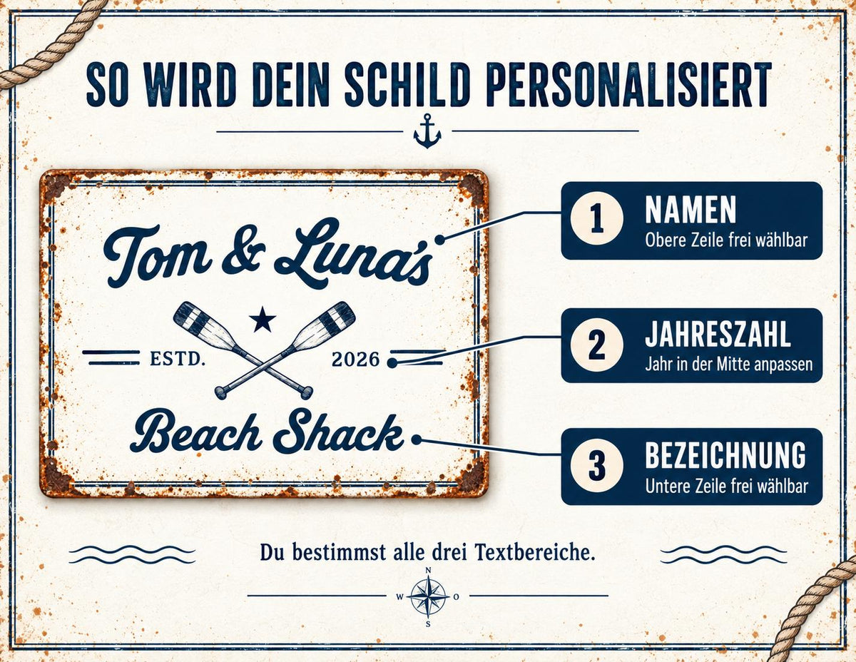 Personalisiertes Blechschild maritim | Beach Shack Schild mit Namen und Jahreszahl | Geschenk für Paare, Camper und Küstenfans