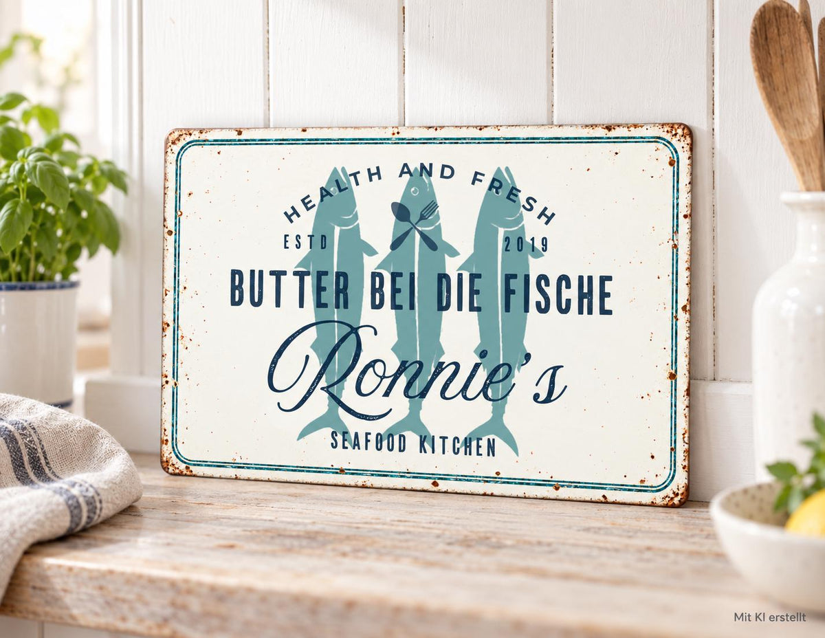 Personalisiertes Blechschild Küche 30 × 20 cm | Butter bei die Fische | maritimes Küchenschild mit Name und Jahreszahl