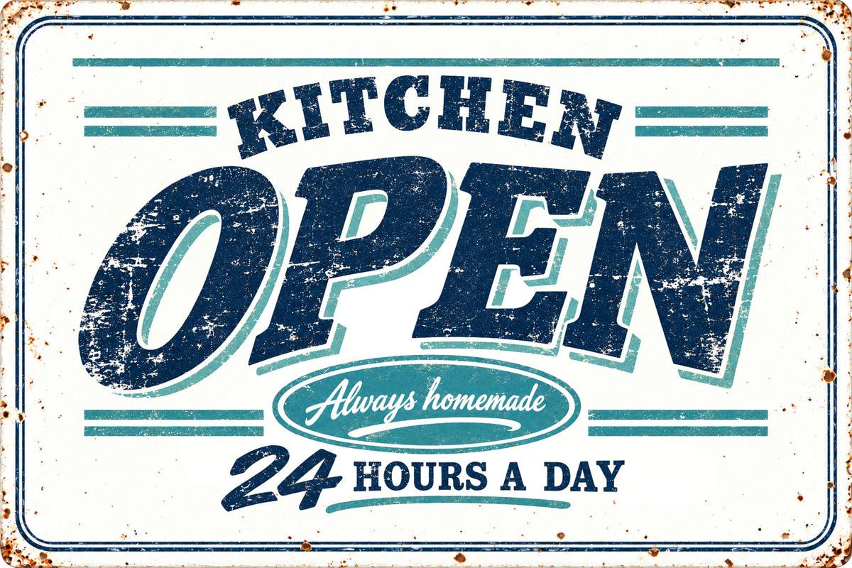 Blechschild Kitchen Open | Schild Küche 30 × 20 cm | originelles Vintage Küchenschild | Shabby Chic Retro Style