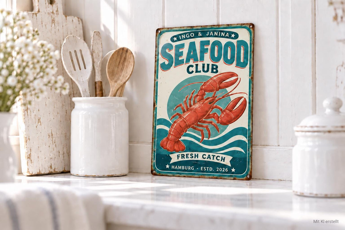 Personalisiertes Blechschild „Seafood Club“ mit Namen und Ort | 20 x 30 cm