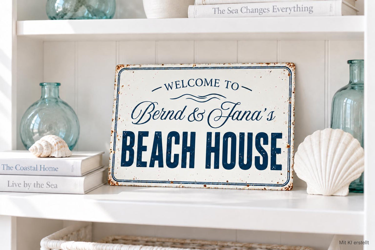 Personalisiertes Blechschild „Beach House“ – maritime Deko im Vintage-Look mit deinen Namen | 30 x 20 cm