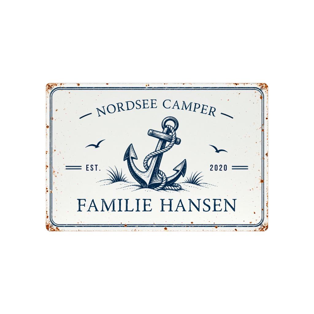 Personalisiertes Camper Blechschild | Wohnmobil Deko mit Namen | maritimes Vintage Metallschild | Wunschtext | Geschenk Camper | 30 × 20 cm